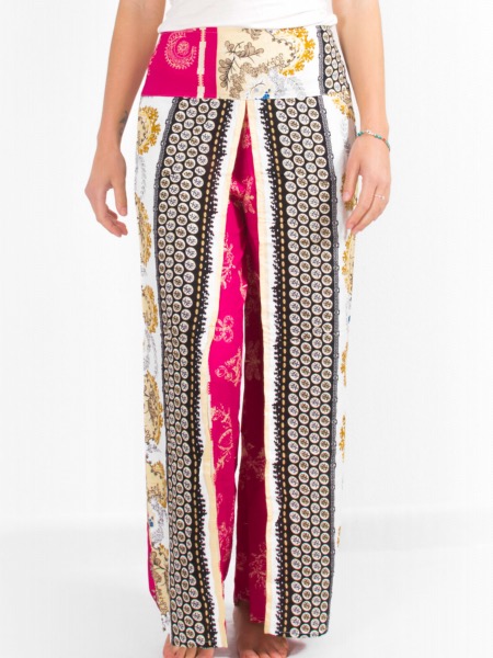 Pantalon fendu devant ample à motif original et coloré rose indien