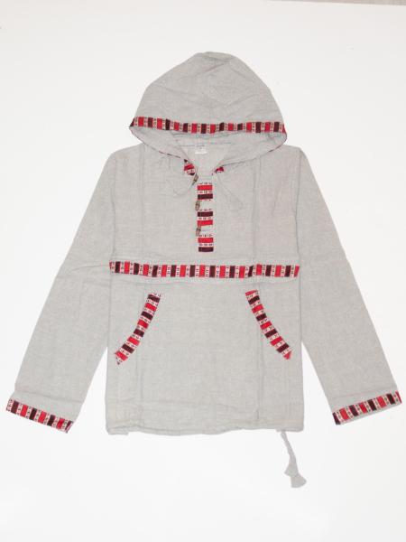 Chemise à capuche manche longue gris clair motif Népal