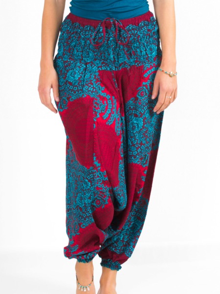 Combi-sarouel rouge bordeaux à motif mandala dentelle turquoise