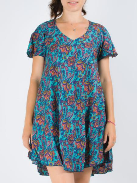 Robe trapèze fleurie courte fluide avec poches turquoise